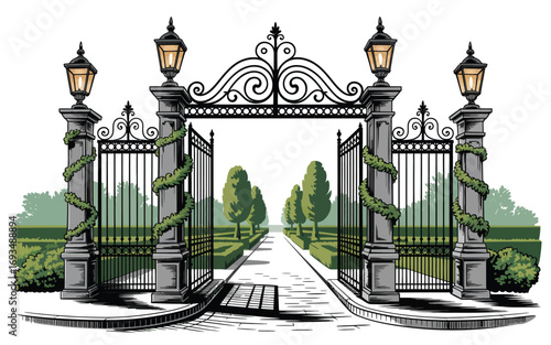 Ornate Wrought Iron Gates Opening to a Manicured Garden Path