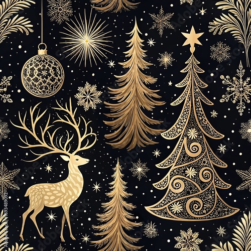  Luxury black Christmas pattern with golden deer, trees, snowflakes and ornaments in elegant holiday seamless design