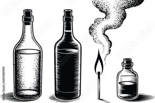 Vintage Bottles and Burning Match with Smoke Illustration