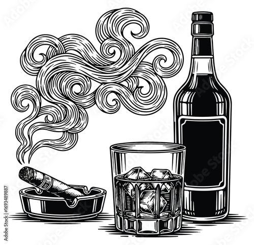Black and white illustration of a cigar, whiskey glass, bottle, and smoke.