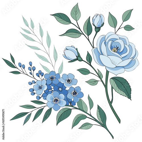 Delicate blue rose and forget-me-not floral arrangement with green leaves on white background illustration
