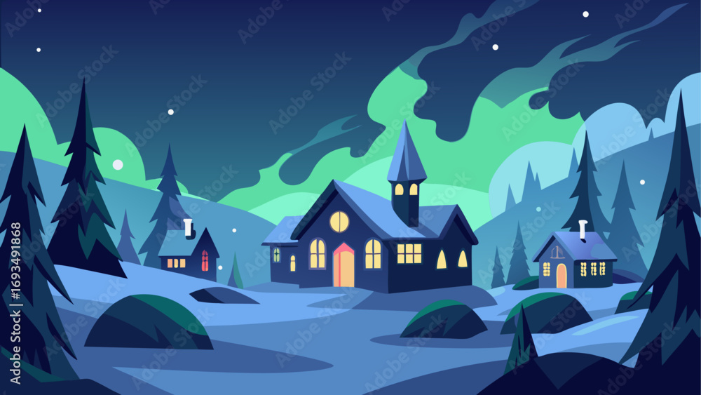 Fototapeta premium Winter village scene with aurora borealis