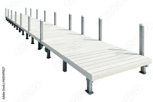 A long prefabricated sectional boat dock isolated on a white background.