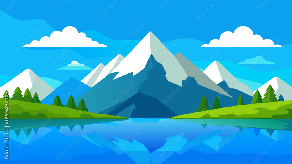 Naklejka premium Mountain landscape with lake and clouds