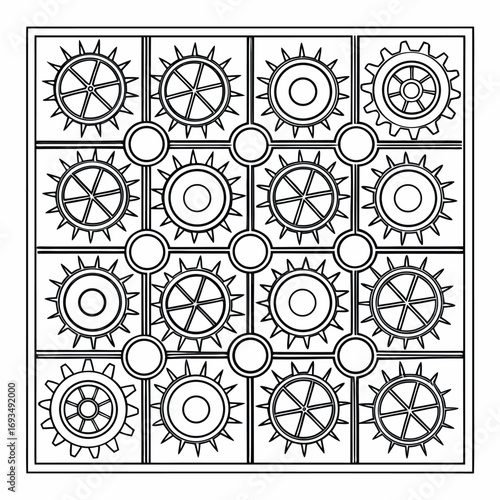 Grid of gears and circles in a black and white line art design cogs wheels