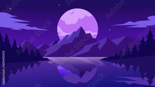 Night landscape with moon and reflection