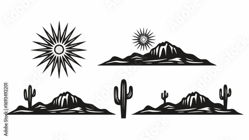 Vibrant desert landscape scenes with iconic saguaro cacti and dramatic mountains under a radiant sun.