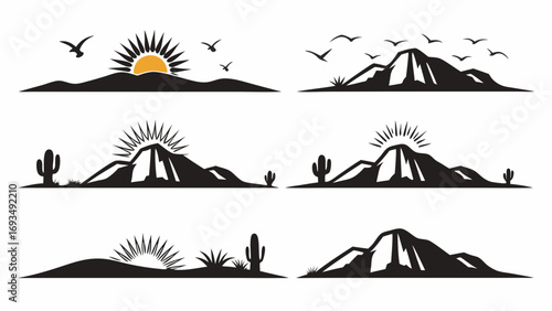 Serene desert sunrise over majestic mountains with soaring birds and iconic cacti silhouettes