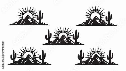 Stunning desert sunrise silhouette with cacti and rugged mountains, evoking adventure and natural beauty.