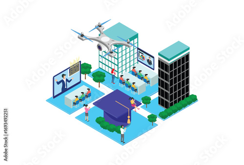 Modern Technology Isometric Smart Online Webinar Training Technology Illustration in White Isolated Background With People and Digital Related Asset