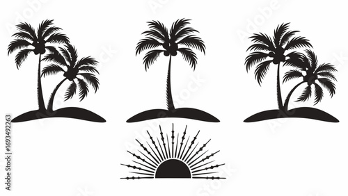 Tropical paradise silhouettes of palm trees and sunburst evoke vacation dreams and serene island escapes