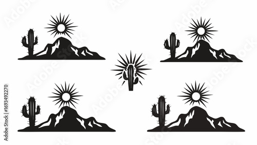 Captivating desert scenes with iconic saguaro cacti and radiant sun over rugged mountains
