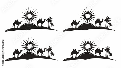 Four silhouetted desert scenes featuring camels, palm trees, and sunbursts create a striking visual narrative of adventure and travel.