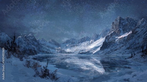 Frozen alpine lake surrounded by snow-covered mountains under a starry night sky, capturing the peaceful and dramatic beauty of a winter landscape with reflections of stars on ice and majestic peaks i