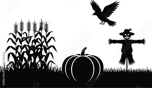 Silhouette of a Halloween scene with corn, pumpkin, scarecrow, and crow