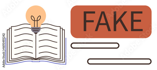 Open book next to glowing lightbulb and bold FAKE text. Ideal for concepts of learning, innovation, truth, misinformation, education, knowledge, ideas. Minimalist simple flat metaphor