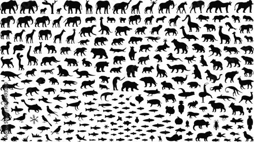 Animal silhouettes collection, wildlife vector icons, black animal shapes, diverse species illustration, mammals birds fish reptiles, flat vector illustration