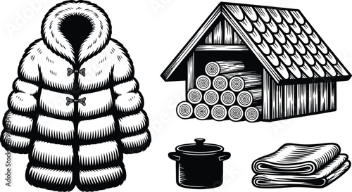 Cozy Winter Essentials: Fur Coat, Firewood, Pot, and Blankets