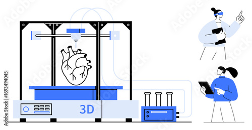 3D printer creating human heart individuals analyzing data and process. Ideal for medical innovation, research, futuristic technology, healthcare, bioengineering, scientific discovery, simple landing