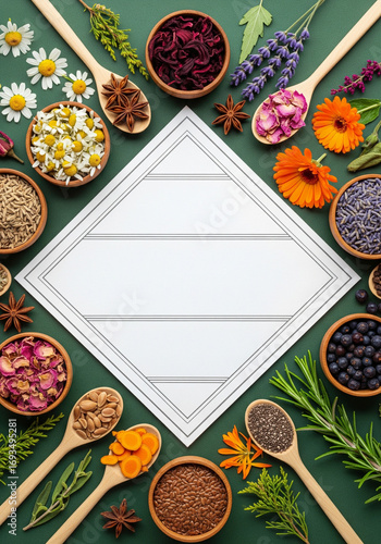 spices and herbs with diamond shape copy space