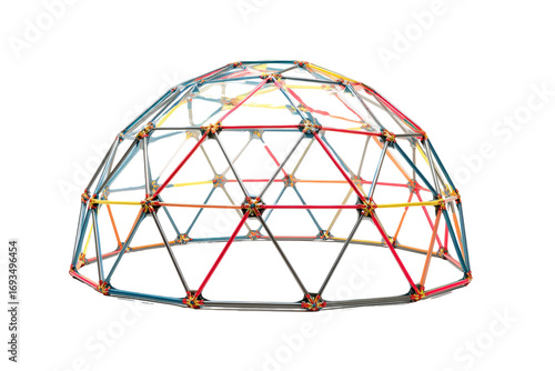 Colorful geodesic dome climber playground equipment isolated on white.