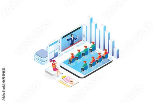 Modern Technology Isometric Smart Online Webinar Training Technology Illustration in White Isolated Background With People and Digital Related Asset