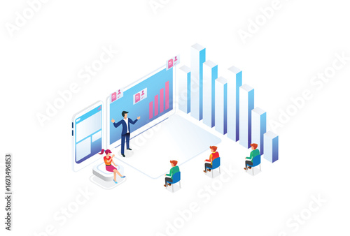 Modern Technology Isometric Smart Online Webinar Training Technology Illustration in White Isolated Background With People and Digital Related Asset