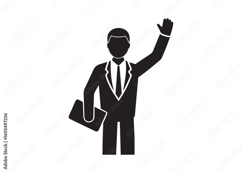 Obraz premium Friendly Businessman Waving, Black and White Icon, Professional, Approachable, Corporate Greeting.