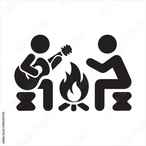 Campfire Icon – Two People Sitting Around a Fire Vector Illustration