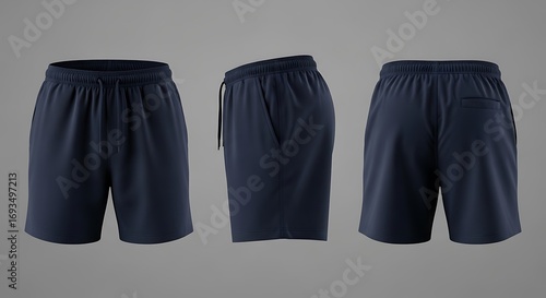 Dark Navy Blue Athletic Shorts - Three Views.