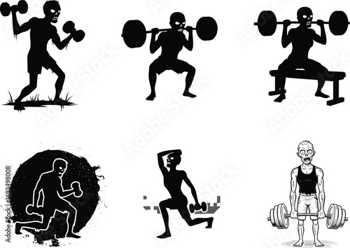 Zombie fitness workout, undead weightlifting, horror gym routine, spooky exercise zombies, Halloween strength training, scary bodybuilding, creepy gym session