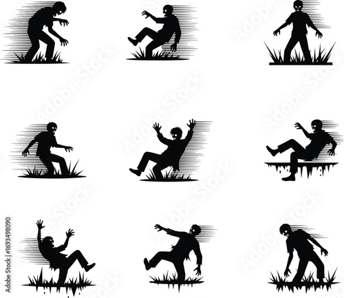 Zombie silhouettes walking and falling in grass, horror undead figures in motion, spooky Halloween design, creepy undead night theme