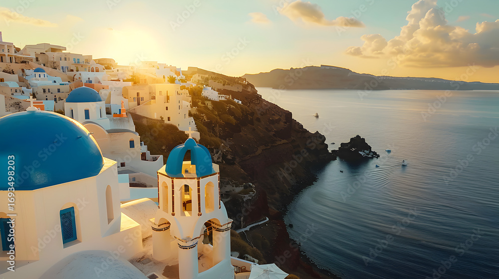 Obraz premium Santorini Greece white buildings blue domes overlooking Aegean Sea at sunset