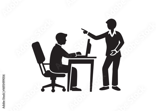 Business Presentation:  Stylish Black and White Illustration of a Manager Leading a Team Meeting.