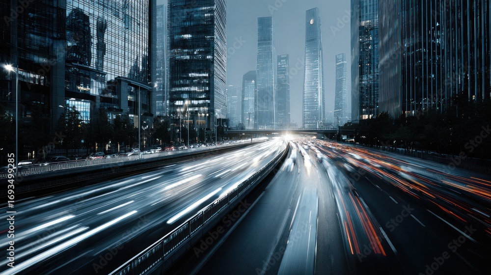 Fototapeta premium Modern Cityscape with Skyscrapers and Light Trails in Nighttime Urban Environment