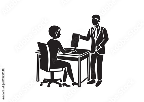 Business Presentation:  Stylish Black and White Illustration of a Manager Leading a Team Meeting.