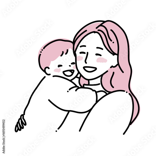 にっこり笑う赤ちゃんとお母さん　ピンク