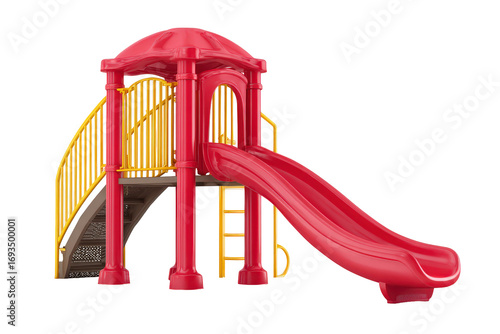 Red and yellow childrens playground slide isolated on white.