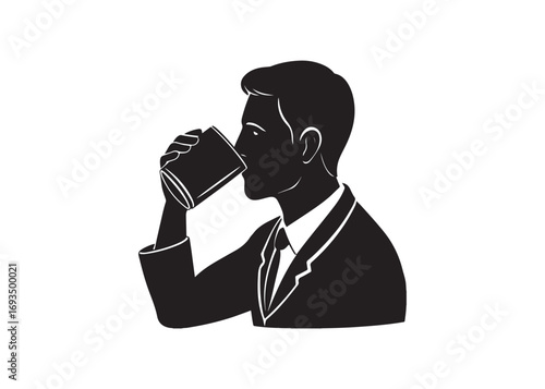 Businessman Drinking Coffee: Monochrome Silhouette, Professional, Serious Mood.