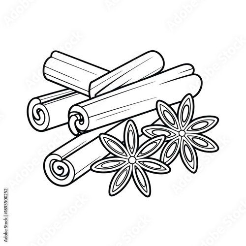 Hand drawn illustration of cinnamon sticks and star anise spices