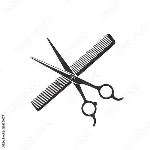 Crossed barber scissors and comb icon on white background