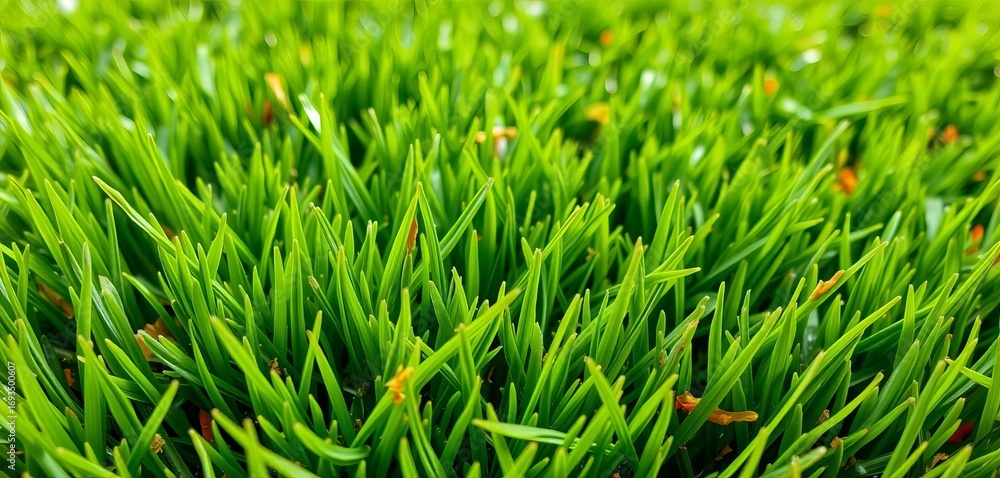 Fototapeta premium Close-up view of artificial turf, showing blade detail and texture, fabric-like, greenery