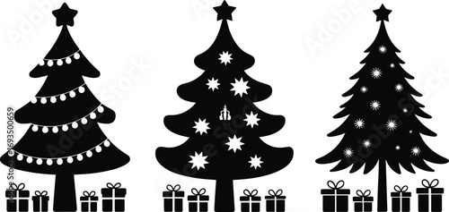 Christmas tree silhouette, holiday tree with gifts, festive decorations, black vector illustration, seasonal ornament, celebration graphic, winter holiday symbol