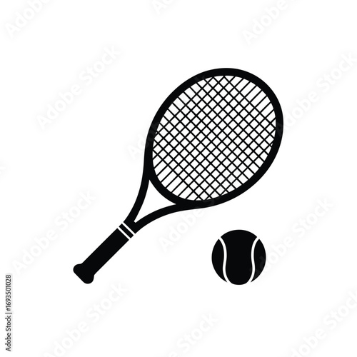Black silhouette of a tennis racket and ball on a white background
