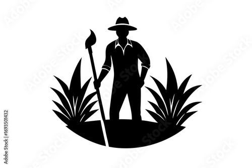 Silhouette of a farmer holding a torch in a grassy field, representing exploration and discovery