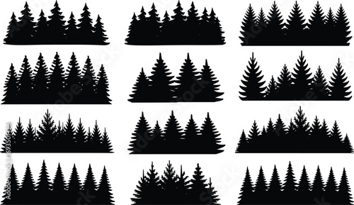 Dense pine tree forest silhouette collection, evergreen woodland vector illustrations, nature backgrounds, winter landscapes, Christmas tree clipart, outdoor scenery designs.