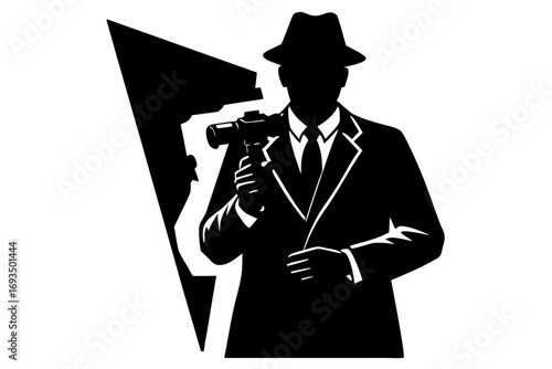 Silhouette of a detective in a hat holding a camera