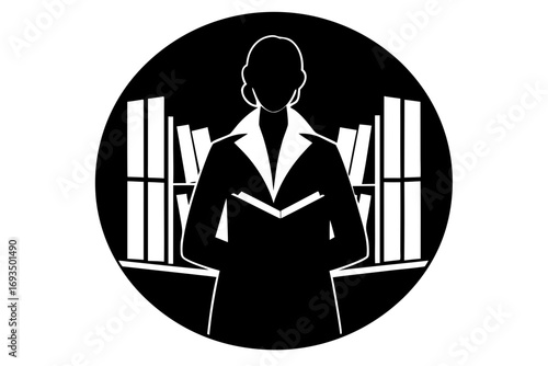 Silhouette of a woman reading a book in front of bookshelves