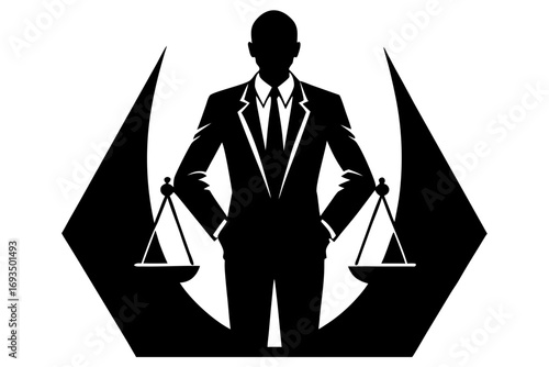 Silhouette of a man in a suit holding scales of justice