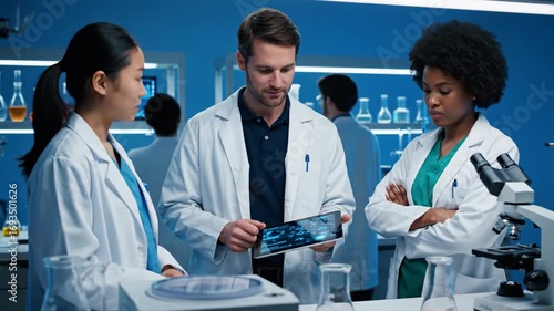Diverse Team of Scientists Discussing Research Data on Tablet in Modern Laboratory